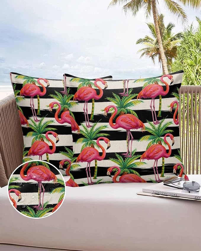 Vandarllin Outdoor Throw Pillows Covers 18x18 inch Set of 2 Waterproof Flamingo Decorative Zippered Cushion Covers for Patio Furniture, Tropical Palm Leaves Black Stripe Linen Lumbar Pillowcases