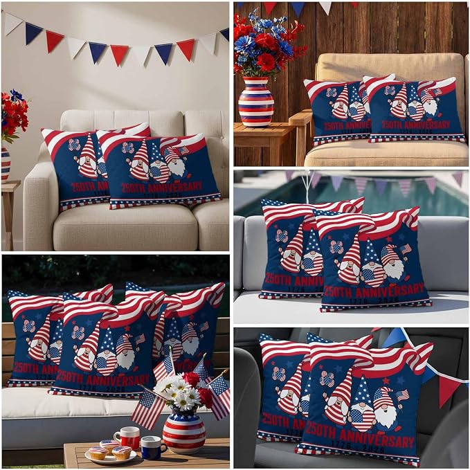 250th Anniversary Outdoor Pillow Covers 16"x16" Set of 2, Patriotic Gnome USA Flag Independence Day Waterproof Throw Pillow Covers for Patio Furniture, Decorative Cushion Covers for Porch