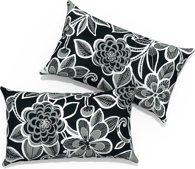 Outdoor Lumbar Pillows 12x20 inch, Rectangle Throw Pillows with Inserts, Decorative Lumbar Cushions for Patio Furniture Garden Couch Home Sofa Office Chair, Pack of 2,Flower Black