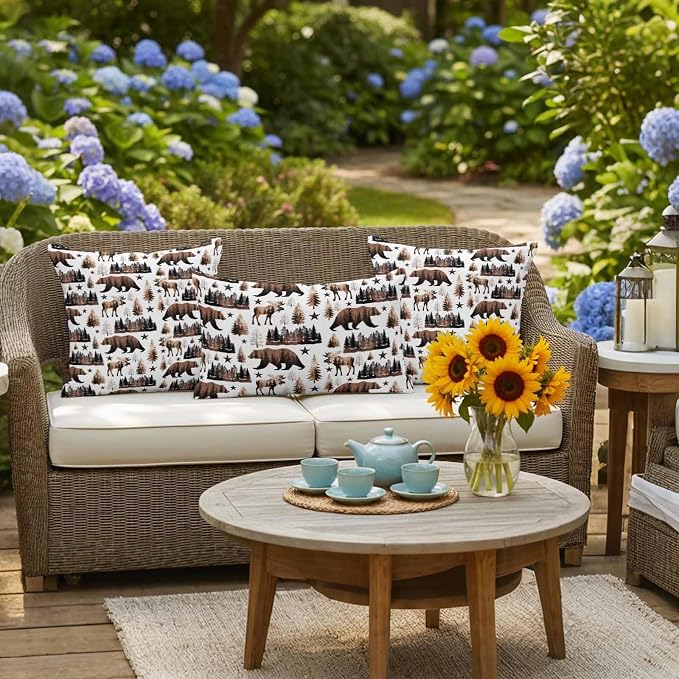 Brown Bear Elk Cabin Outdoor Pillow Covers 24x24 Inch Throw Pillow Covers Set of 2 Waterproof Decorative Pillow Cases Farmhousee Pine Tree Forest Cushion Covers for Patio Furniture Garden Couch Sofa