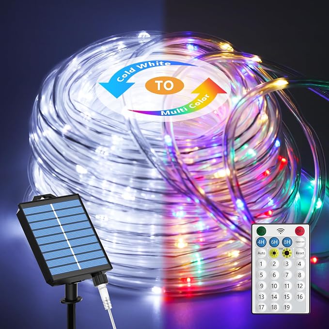 ICRGB Solar Lights Outdoor, 66FT 200LED 1800mah Solar Rope Lights with Remote, Type C, 19 Modes and Timer, IP67 Waterproof for Outdoor Christmas Pool Patio Porch Tree Wedding, Cool White to Multicolor | Type C & Solar, 19 Modes, IP67 Waterproof, With R...