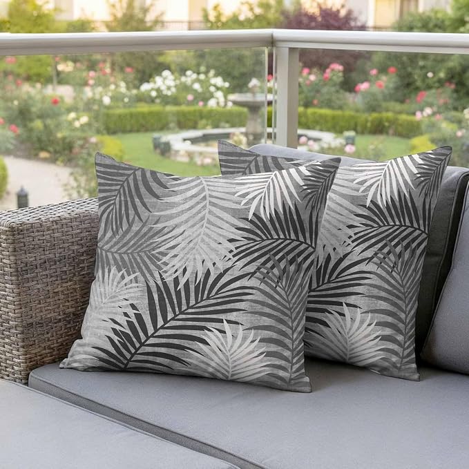 Outdoor Waterproof Throw Pillow Covers, Grey Palm Leaves Decorative Pillow Cases, Summer Botanical Tropical Leaf Couch Pillow Protector Patio Sofa Cushion Covers Replacement 24"x24" 2 Pack
