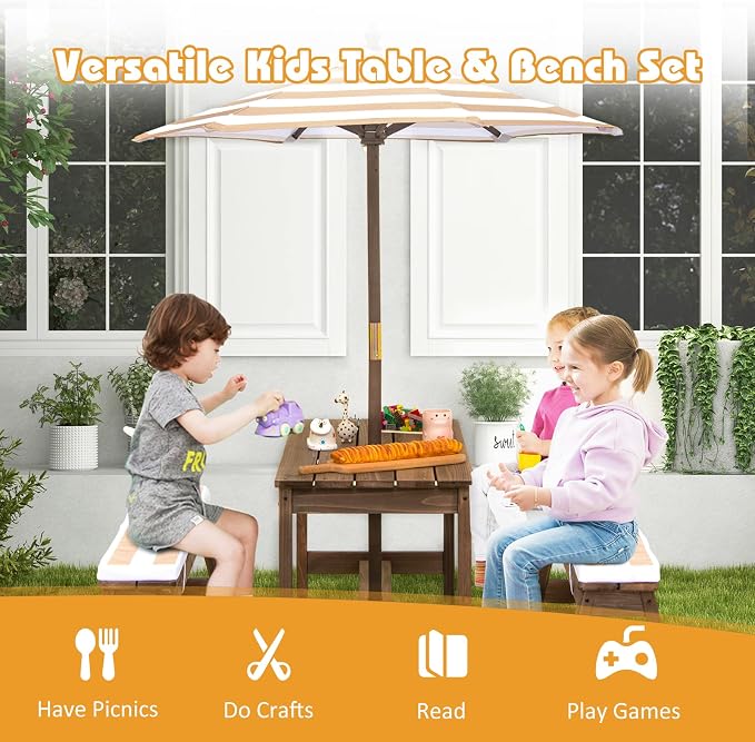 KOTEK Kids Picnic Table with Umbrella Foldable, Backyard Wooden Table & Bench Set w/Removable Cushions, Activity Art Play Table, Indoor Outdoor Toddler Picnic Table for Patio, Lawn & Garden (Brown)