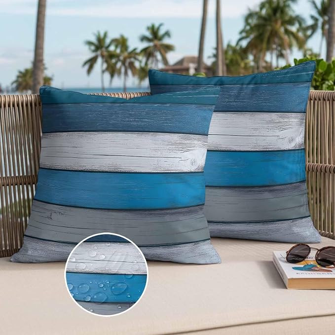 Coastal Style Outdoor Waterproof Throw Pillow Covers Set of 2, 24"x24", Retro Blue Grey Stripes Wood Texture Decorative Pillow Covers Outside Cushion Case for Patio Porch Garden
