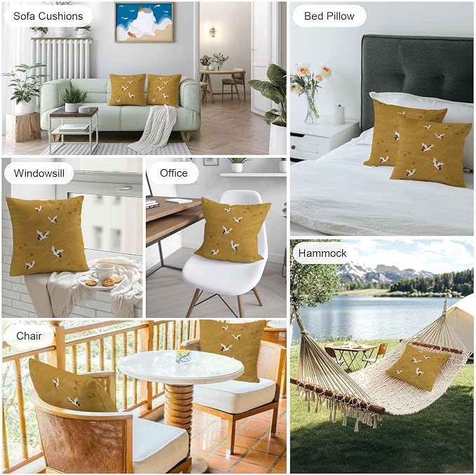 Japanese Style Outdoor Pillow Covers 16x16 Inch Throw Pillow Covers Set of 2 Waterproof Decorative Pillow Cases Vintage Art Cranes Ocean Wave Yellow Cushion Covers for Patio Furniture Garden Couch