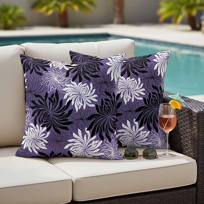 Yukro Purple Black Floral Outdoor Waterproof Pillow Covers Pack of 2, Vintage White Black Flower Purple Decorative Throw Pillowcases Cushion Covers for Garden Patio Tent Sofa Couch, 18x18 inch