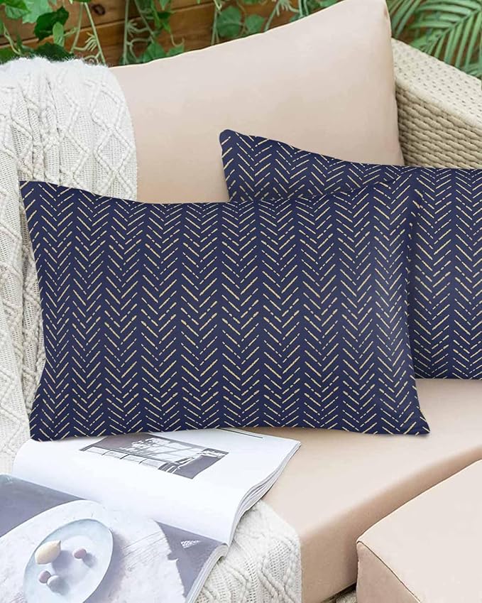 Navy Blue Gold Striped Outdoor Pillow Covers Waterproof,All Weather Cushion Case Set of 2 Lumbar Pillowcase for Sofa Couch Bed Decor Patio Furniture 20"x12" Contemporary Minimalist Boho Geometric