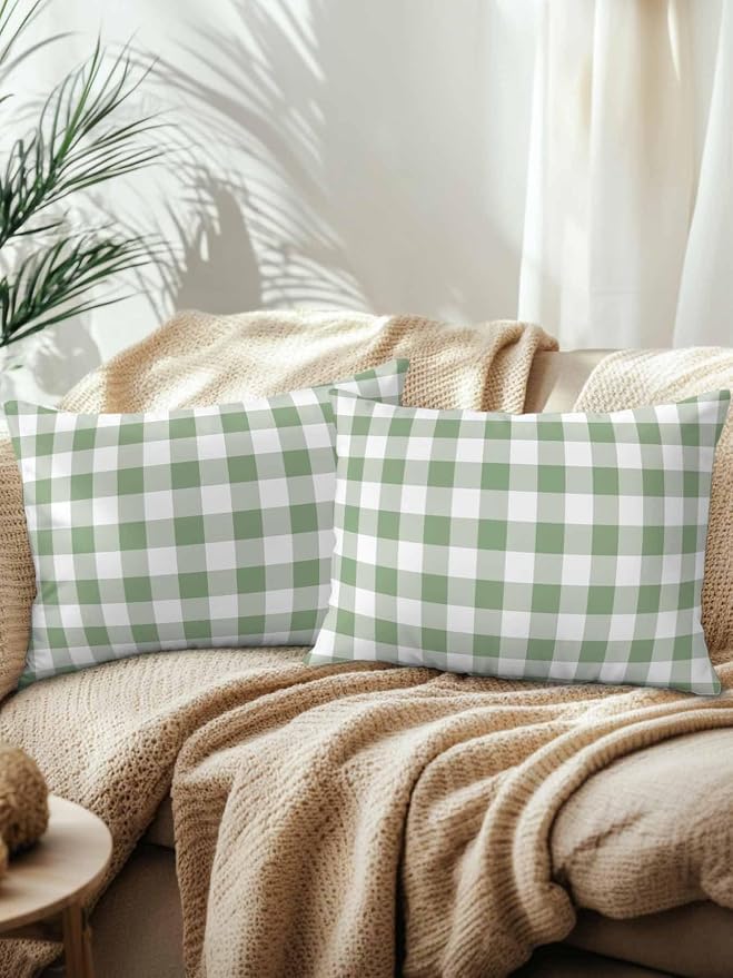 Waterproof Outdoor Pillow Set of 2 Green Buffalo Plaid Decorative Throw Pillows Cover & Insert 20x12 Inch Lumbar Pillowcase Check Lines Pillows for Couch Sofa Bed Patio Furniture Indoor Outdoor