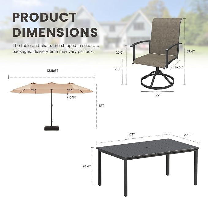 7 Pieces Patio Dining Set with Patio Umbrella, Outdoor Furniture of 63" Rectangular Patio Table and Patio Swivel Chairs for Backyard Lawn Garden, Black Table and Mixed Brown Chairs