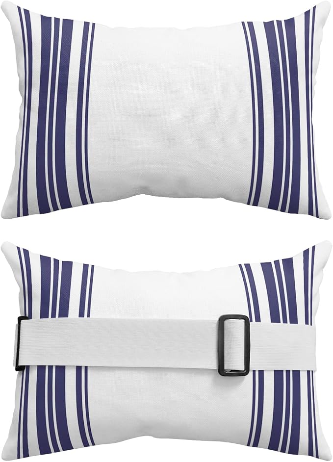 Outdoor Pillows Covers with Inserts Colorful Stripes Navy Blue Wood Texture White Waterproof Recliner Pillow with Adjustable Strap Throw Pillows for Patio Furniture Pool Lounge Chair, 11x16 inch, 2PCS