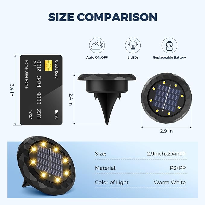 SOLPEX 12 Pack Small Solar Ground Lights, Driveway Lights Warm White | Solar Powered Pathway Lights Waterproof, Landscape Lighting for Walkway, Garden, Backyard, Patio- Black Lampshade