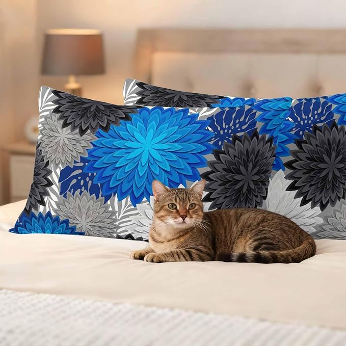 Blue Black Grey Flowers Outdoor Pillow Covers Waterproof, All Weather Cushion Case Set of 2, Boho Colorful Floral Plant Lumbar Pillowcase for Sofa Couch Bed Decor Patio Furniture 20"x12"
