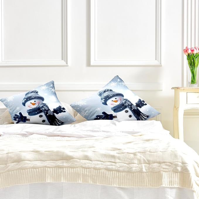 Winter Snowman Pillow Covers 18x18 Set of 2 Winter Decorating Throw Pillows Cover Snowflake Decorative Christmas Pillows Cases Double Sided for Living Room Couch Home Decor