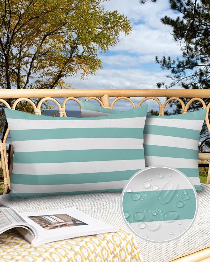 Lumbar Throw Pillow Covers 12x20 Outdoor Waterproof Pillow Covers for Patio Furniture Solid Striped Decorative Throw Pillow Cover Teal Blue Pillowcases Set of 2 Cushion Case for Sofa Couch Chair Home