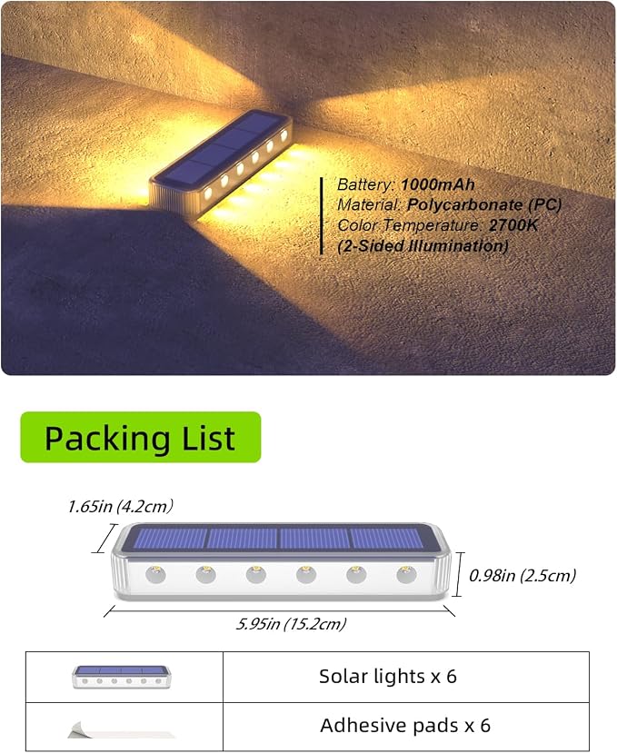 DetarZinLED Solar Step Lights for Outside 6 Pack, 12 LEDs 2-Sided Illumination Solar Stair Lights Outdoor IP68 Waterproof,Auto On/Off Deck Lights Solar Powered for Patio,Yard,Path,Walkway (Warm White)