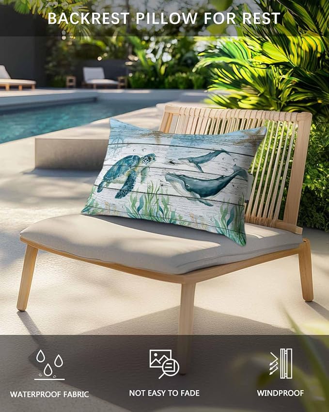 Turtle Seahorse Octopus Whale Outdoor Head Pillows for Recliner Lounge Chair,Pack of 1 Waterproof Throw Pillow Cushion Cases with Insert&Elastic Strap,Marine Life on Wood Neck Pillow for Patio Beach