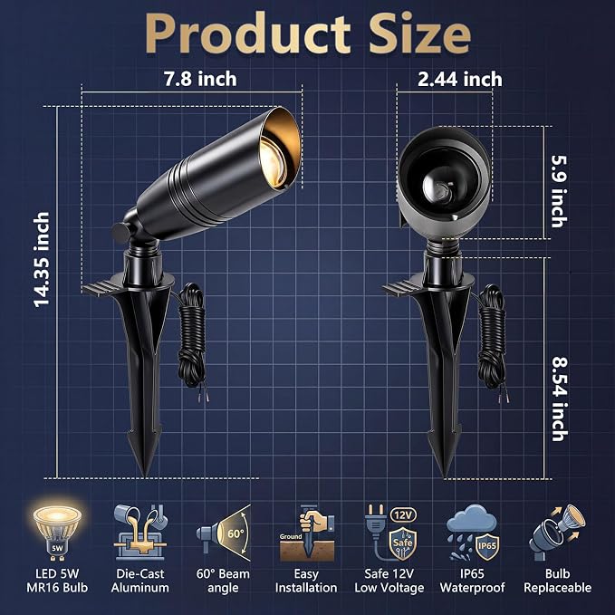Low Voltage Landscape Lighting,Outdoor Spotlights 12V Uplights | IP65 Waterproof,Die-cast Aluminum,200°Adjustable, Without MR16 Bulb,Heavy Duty Spot Light for Tree Garden Yard Pathway,4Pack