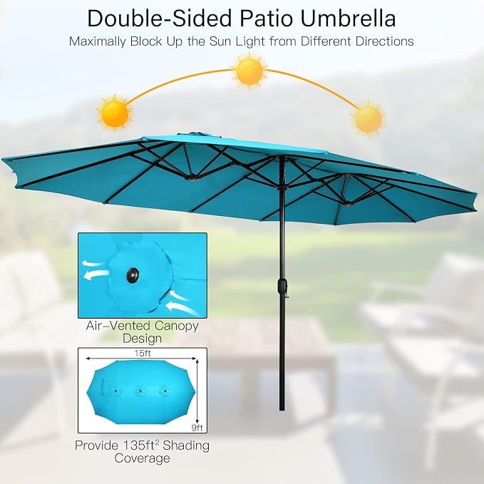 Tangkula 10 Pieces Patio Wicker Dining Set w/Double-Sided Patio Umbrella, Outdoor Acacia Wood Furniture Set w/ 8 Armchairs, 71” Dining Table & 15 ft Umbrella with Weighted Base (Turquoise)