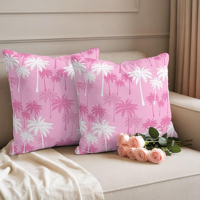 Throw Pillow Covers 24x24 Inch Set of 2, Tropical Palm Tree Waterproof Outdoor Pillow Covers, Magenta Pink Plants Coastal Leaf Beach Decorative Cushion Pillowcases for Couch, Sofa, Bed, Garden, Patio