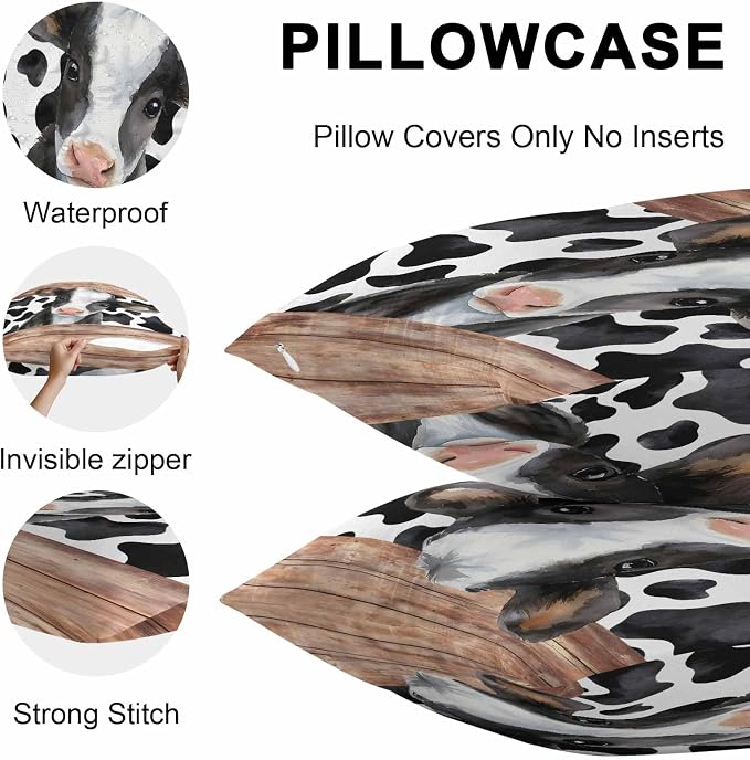Cow Printed Outdoor Pillow Covers 20x20 Inch Throw Pillow Covers Set of 2 Waterproof Decorative Pillow Cases Farmhouse Watercolor Country Wooden Grain Cushion Covers for Patio Furniture Garden Couch