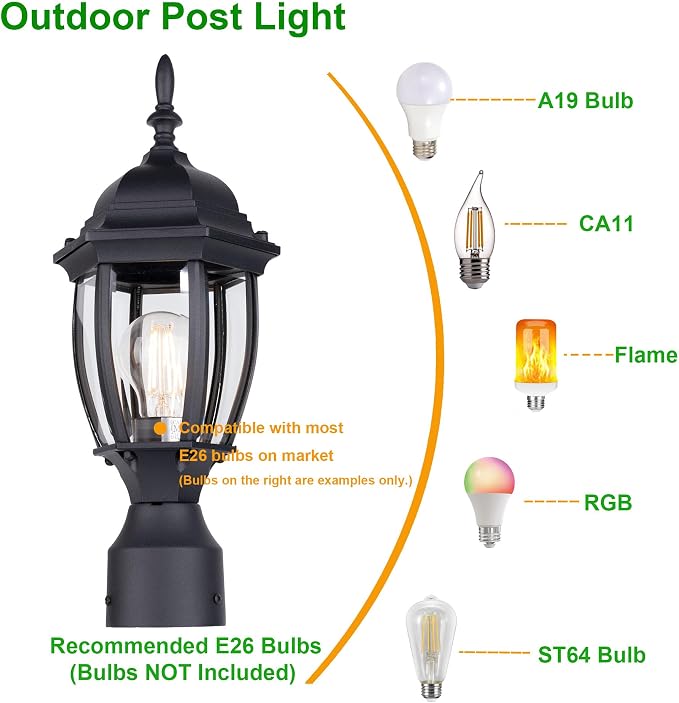 Outdoor Post Light, Rustproof Aluminum Pole Lamp, Black | Exterior Lamp Post Light Fixture for Garden, Yard, Pathway, Waterproof, Glass, E26 Base, Max 60W, 1 Pack