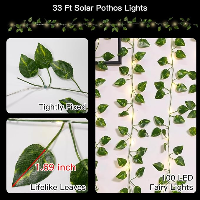 Solar Pothos String Lights, 33Ft 100LED Vines with Lights Warm White