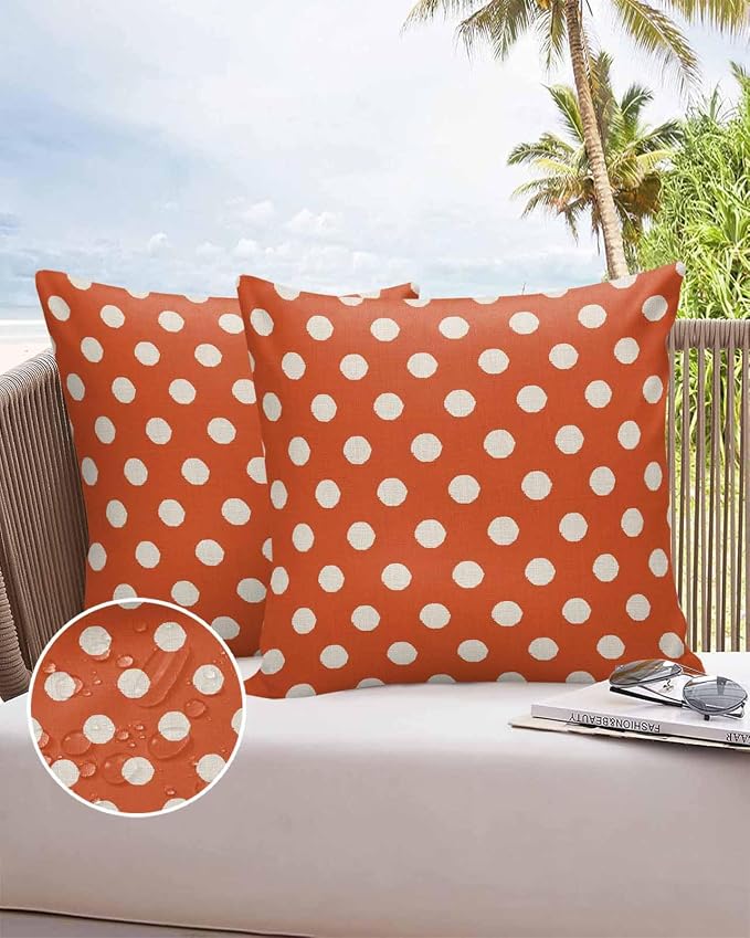 Outdoor Waterproof Throw Pillow Covers Set of 2 Orange Polka Dots Pillowcases 24x24 Inches Cute Solid Color Decorative Pillows Cushion Case Patio Pillows for Couch Bed Chair Garden