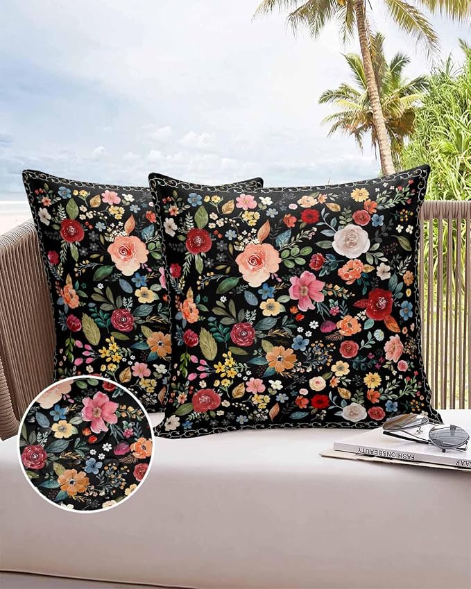 Vandarllin Outdoor Throw Pillows Covers 26x26 inch Set of 2 Waterproof Black Floral Decorative Zippered Cushion Covers for Patio Furniture, Farmhouse Vintage Flower Lumbar Pillowcases