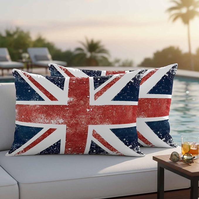 4th of July Outdoor Throw Pillows Covers 20x12 inch Set of 2 Waterproof British Flag Decorative Zippered Cushion Covers for Patio Furniture, Vintage Mottled National Flag Lumbar Pillowcases