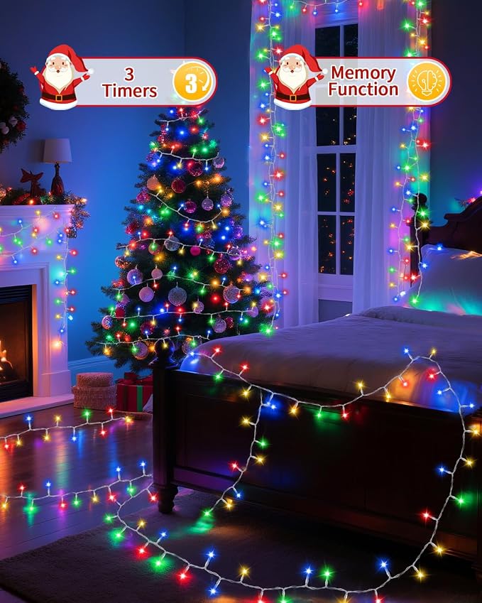 Christmas Lights String Outdoor Indoor, Xmas Tree Decorations Lights, Plug in Twinkle Fairy Light with Remote Timer Dimmable for Room Yard Holiday Party Wedding Decor (Multicolor, 108FT 300 LED)