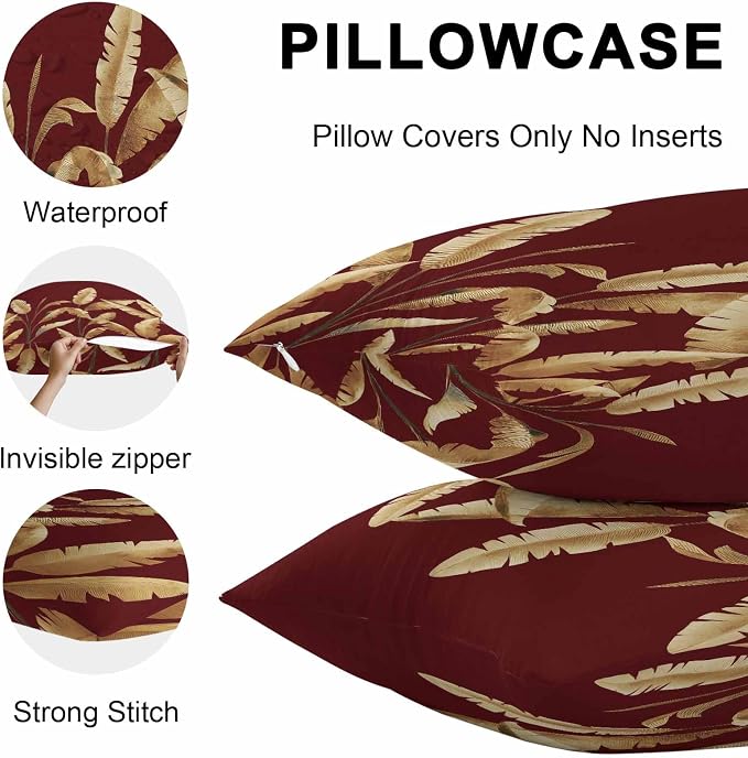 Waterproof Throw Pillow Covers 18x18 Set of 2, Golden Tropical Leaves on Burgundy Red Outdoor Pillowcases with Invisible Zipper, Abstract Foliage Leaf Decorative Cushion Covers for Patio Garden Sofa