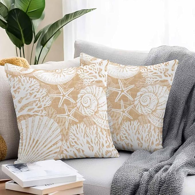 Outdoor Pillow Covers 16x16 Inch Set of 2, Light Brown Starfish Coastal Waterproof Throw Pillow Covers, Summer Coral Shell Beach Nautical Decorative Cushion Pillowcases for Couch Sofa Bed Garden Patio