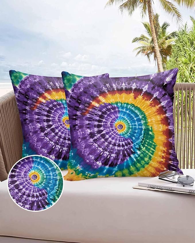 Vandarllin Outdoor Throw Pillows Covers 24x24 inch Set of 2 Waterproof Purple Tie-Dye Art Decorative Zippered Cushion Covers for Patio Furniture, Abstract Boho Tribe Lumbar Pillowcases