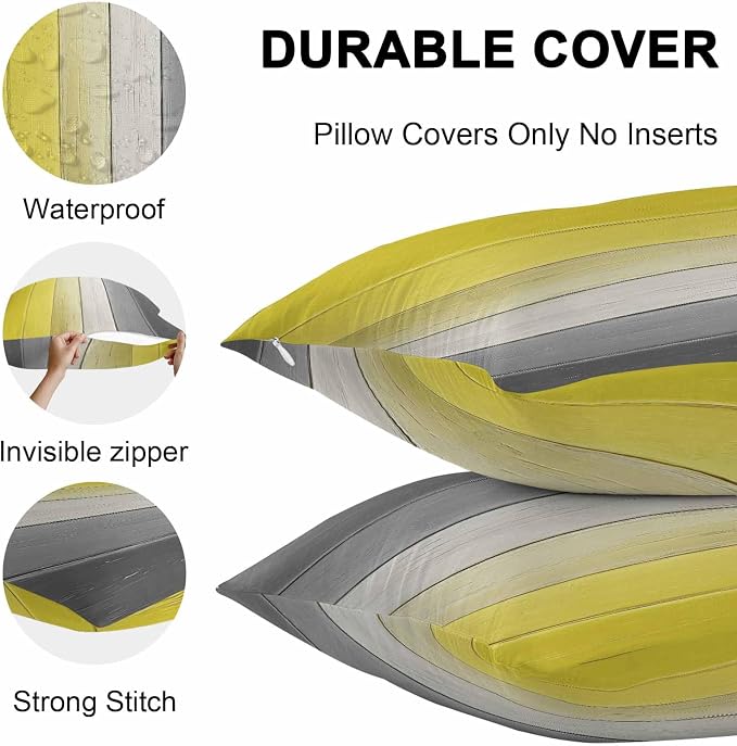 Throw Pillow Covers 24x24 Inch Set of 2, Yellow Gray Ombre Waterproof Outdoor Cushion Covers, Vintage Country Wooden Decorative Pillowcases for Couch, Sofa, Bed, Garden, Patio