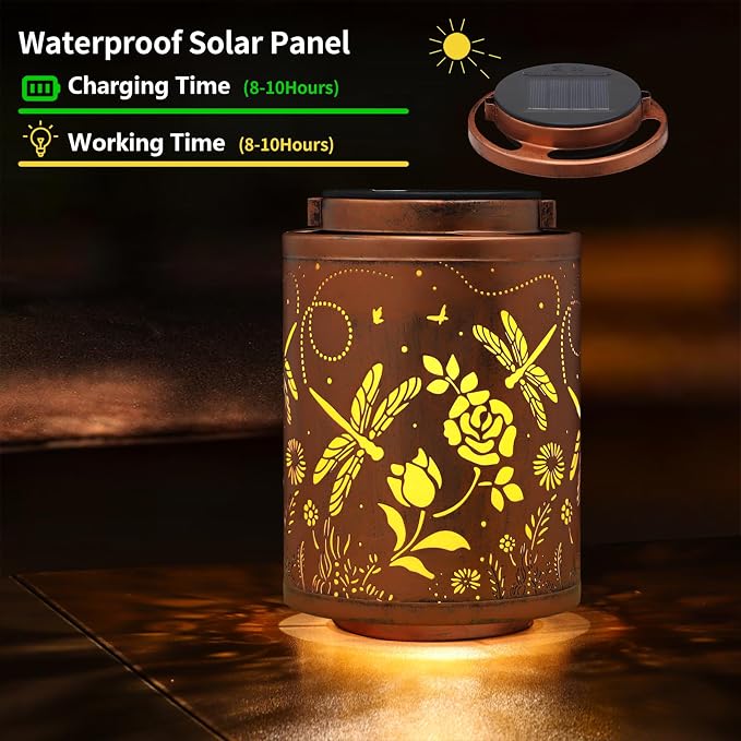 2 Pack Dragonfly Solar Lanterns Garden Decor Birthday Gifts for Women | Gifts for Mon Grandma Metal Hanging Solar Lights Outdoor Waterproof Decoration for Outside LED Lanterns for Yard