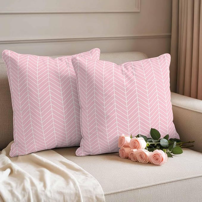 Outdoor Waterproof Throw Pillow Covers Set of 2 Pink Chevron Stripes Pillowcases 18x18 Inches Modern Geometric Texture Decorative Pillows Cushion Case Patio Pillows for Couch Bed Chair Garden