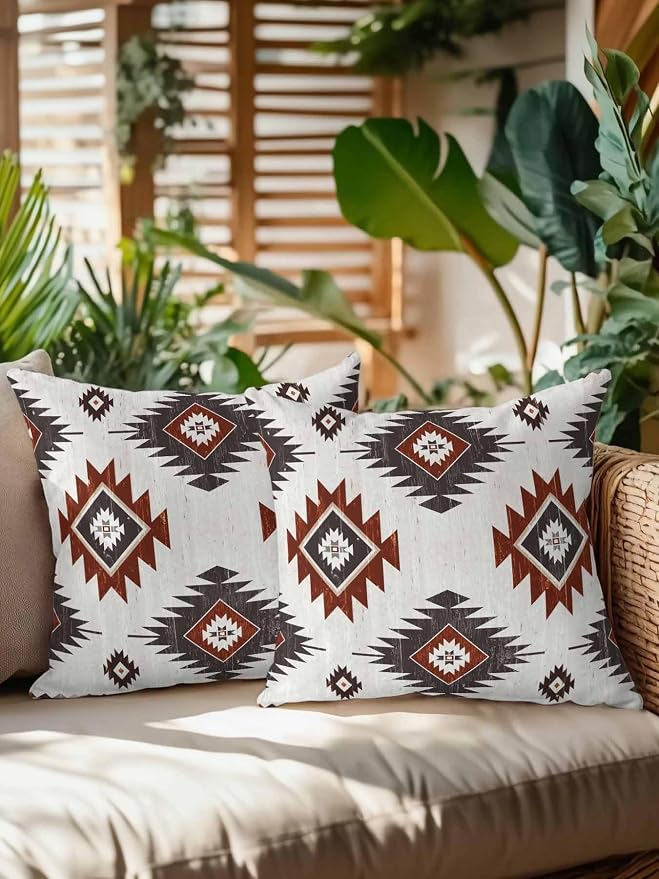Waterproof Outdoor Pillow Set of 2 Red Brown Boho Aztec Decorative Throw Pillows Cover & Insert 16x16 Inch Pillowcase Southwest Tribal Style Pillows for Couch Sofa Bed Patio Furniture Indoor Outdoor