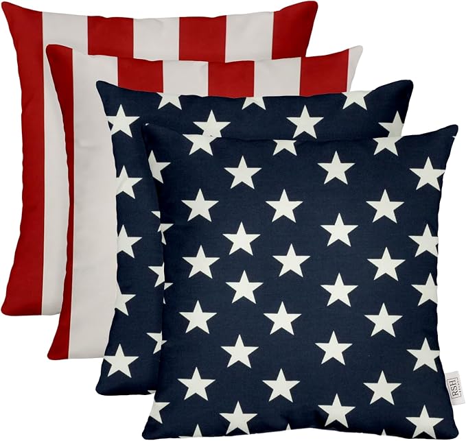 RSH DECOR Square Throw Pillows Set of 4, 17" x 17", Outdoor Pillows Waterproof, Outdoor Pillow Covers, Pillow Covers for Couch, Americana Stars & Red and White Stripe, Made in USA