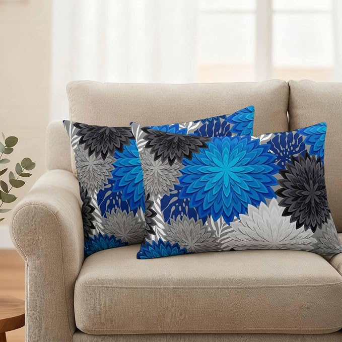Blue Black Grey Flowers Outdoor Pillow Covers Waterproof, All Weather Cushion Case Set of 2, Boho Colorful Floral Plant Lumbar Pillowcase for Sofa Couch Bed Decor Patio Furniture 20"x12"