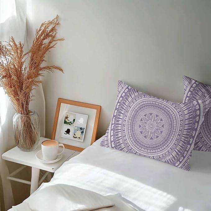 Vandarllin Outdoor Throw Pillows Covers 20x12 inch Set of 2 Waterproof Purple Boho Decorative Zippered Cushion Covers for Patio Furniture, Bohemian Floral Geometric Lumbar Pillowcases