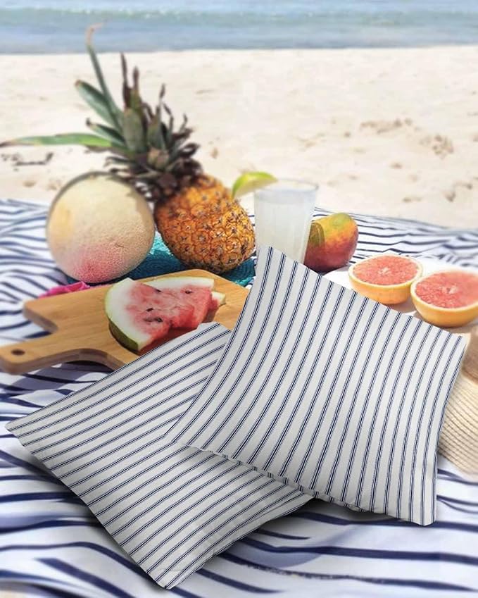 Outdoor Waterproof Throw Pillow Covers Set of 2 Blue Stripe Pillowcases 24x24 Inches Vertical Striped Patio Decorative Pillows Cushion Case Patio Pillows for Couch Bed Chair Garden