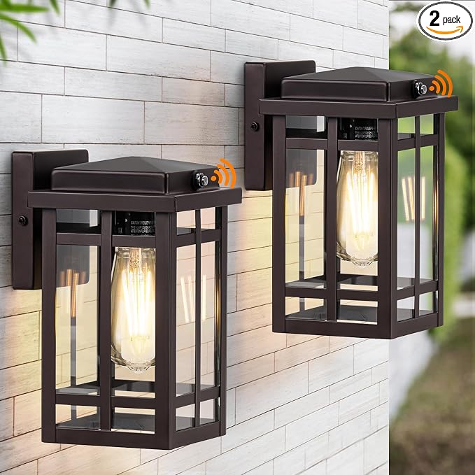 9.76'' Dusk to Dawn Outdoor Wall Light 2 Packs, Brown | Exterior Fixture Mount for House Front Porch, Anti-Rust Modern Lantern with Tempered Glass Shade for Garage