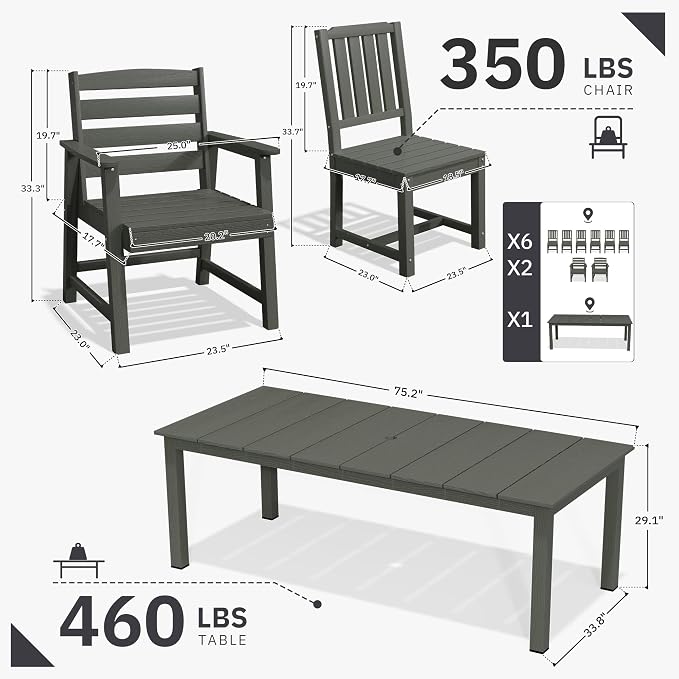 AreShark Patio Dining Chair Set of 2,All Weather HDPE Outdoor Dining Armchairs with Wide Seat and Backrest,Weatherproof Patio Chairs for Garden,Backyard,Deck,Gray