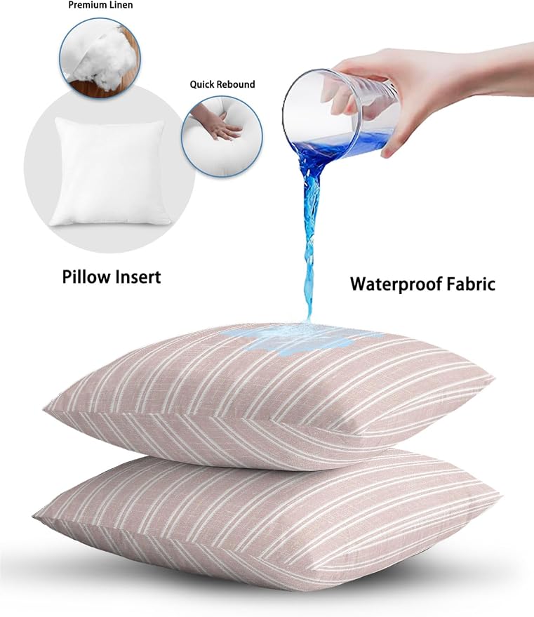 Waterproof Outdoor Pillow Set of 2 Red Linen Striped Decorative Throw Pillows Cover & Insert 18x18 Inch Pillowcase Vertical Stripes Lines Pillows for Couch Sofa Bed Patio Furniture Indoor Outdoor