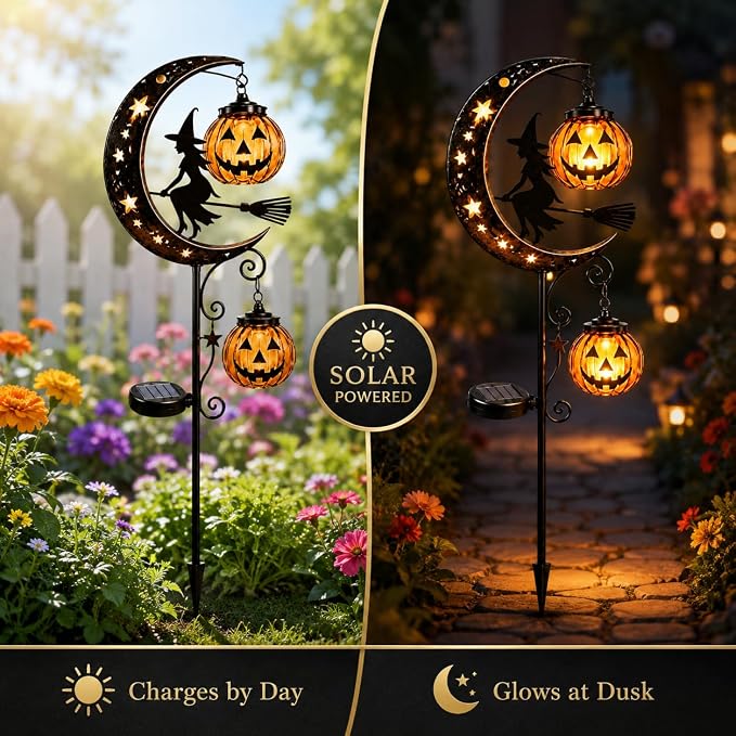 Solar Halloween Black Witch & Pumpkin Moon Garden Stake Light, Outdoor Waterproof LED Yard Decoration with Crescent Moon, Hanging Jack-o'-Lantern Lantern for Garden, Patio, Walkway, Porch(Style E)