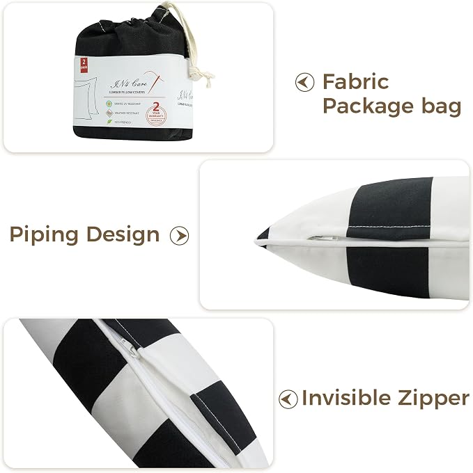 Lumbar Pillow Covers Set of 2, Outdoor Indoor Waterproof Patio Lumbar Pillowcase Shell 12x20 Inch, Rectangular Cushion Case for Couch Sofa Garden Farmhouse-Black White Stripe