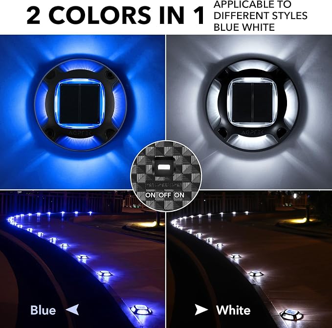 AGPTEK Solar Driveway Lights Outdoor 12 Pack, 2 Color Modes LED Deck Dock | Marine Waterproof Driveway Marker Lights for Step Sidewalk Stair Garden Pathway Walkway Yard (Blue Light/Cool White, Black)