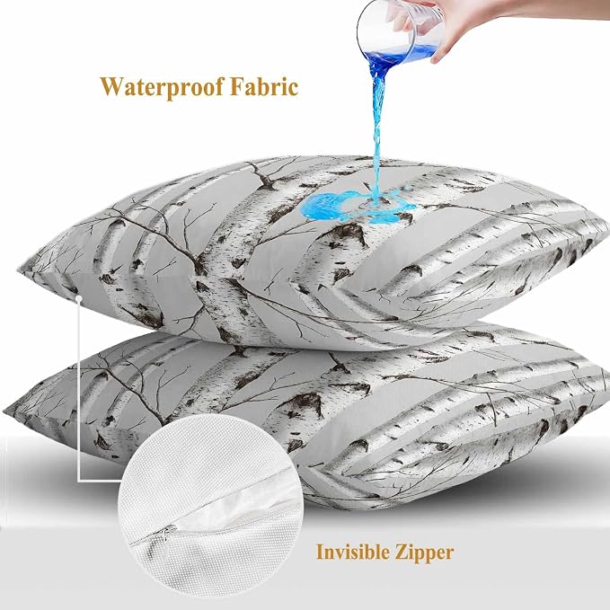 Nature Birch Trees Outdoor Waterproof Pillow Covers Pack of 2, Modern Gray Modern Tree Bark Texture Forest Throw Pillowcases Decorative Cushion Covers for Garden Patio Tent Sofa Couch, 18x18 inch