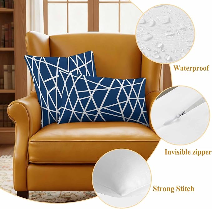 Outdoor Pillow Covers Waterproof, Nave Blue Geometric Decorative Square Throw Pillowcases Patio Cushion Covers for Tent/Garden, 24" x 24" 2 Pack, Abstract Stripes Modern Minimalist