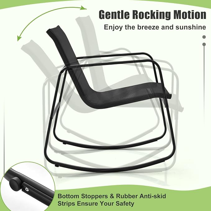 HAPPYGRILL 4 Pieces Patio Rocking Furniture Set with Loveseat, 2 Rocking Chairs & Glass-Top Coffee Table, Outdoor Porch Rocker Chair Conversation Set for Balcony, Poolside, Garden, Backyard (Black)